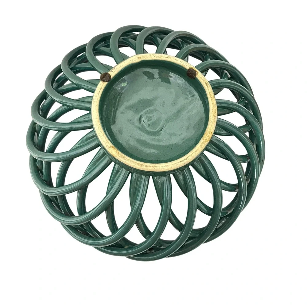 Vintage Ceramic Lattice Fruit Bowl  Teal Green Woven Spiral Design